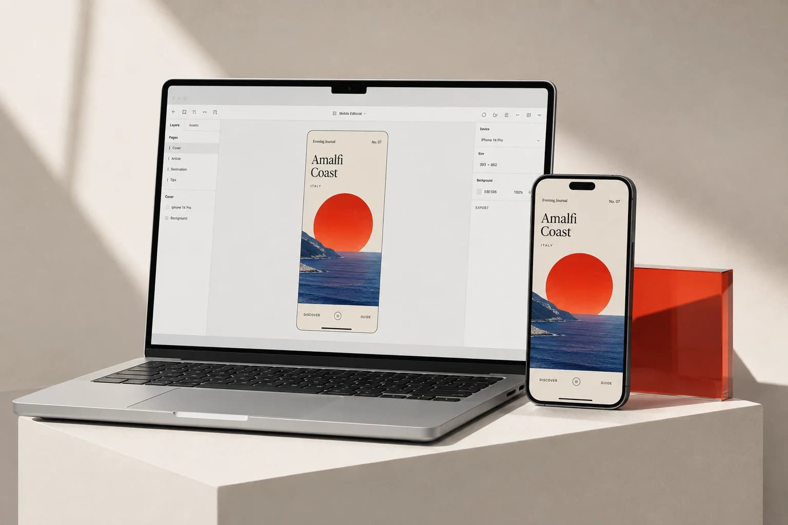 Mac 与 iPhone 展示同一份设计，产品场景示意